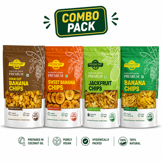 Combo Pack (Banana Chips 400g, Jackfruit Chips 400g, Sharkara Varatti 200g, Four Cut Banana Chips 200g)
